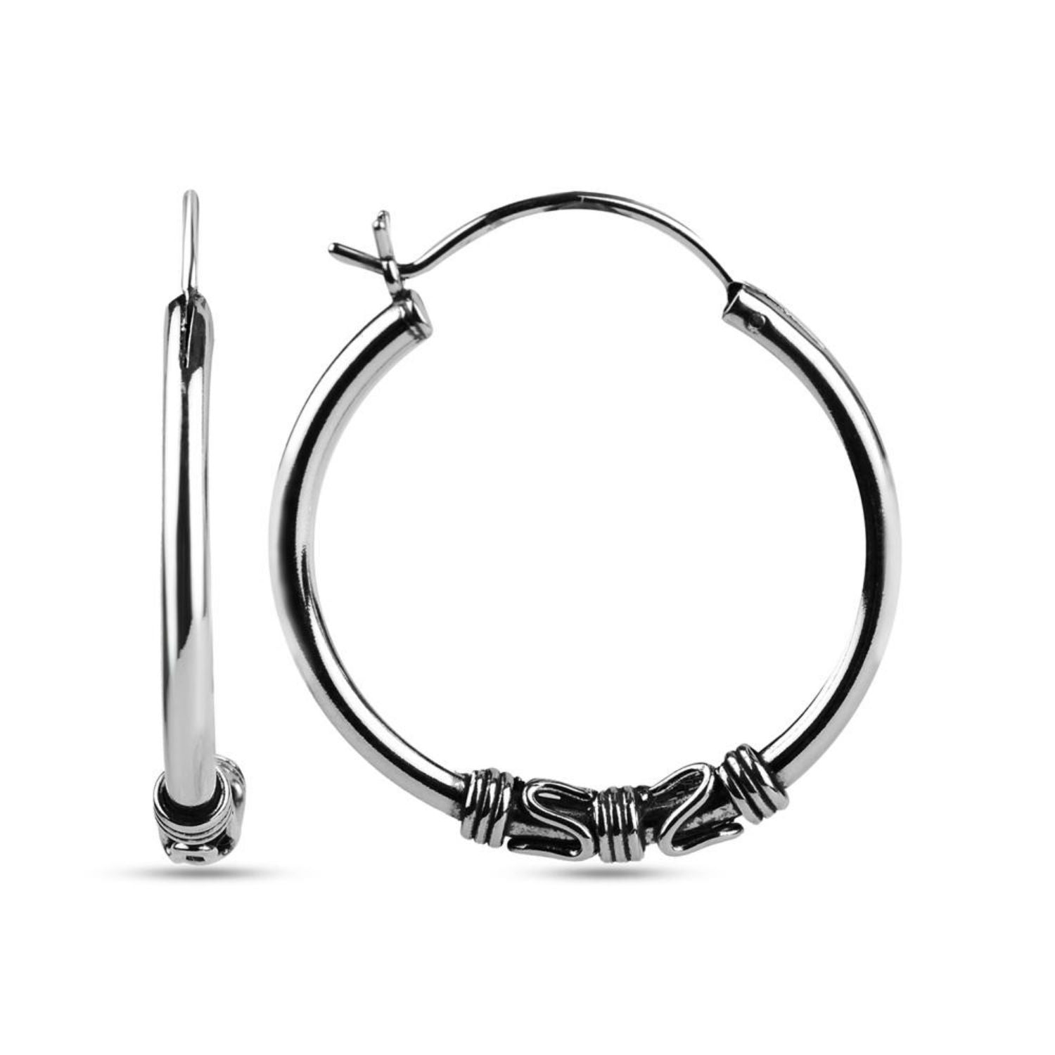 925 Sterling Silver Antique Finish Balinese Hoop Earrings for Women