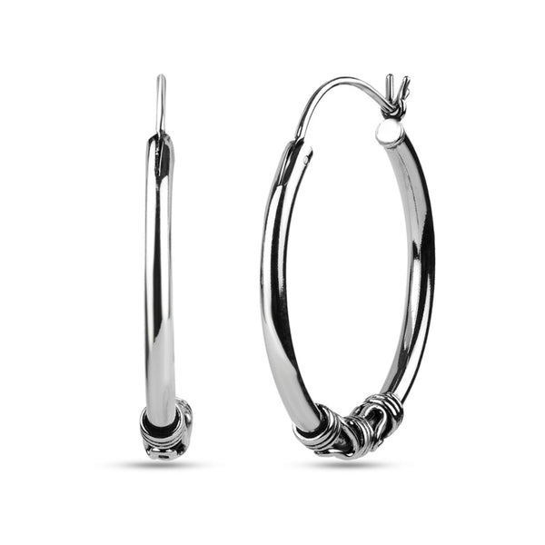 925 Sterling Silver Antique Finish Balinese Hoop Earrings for Women