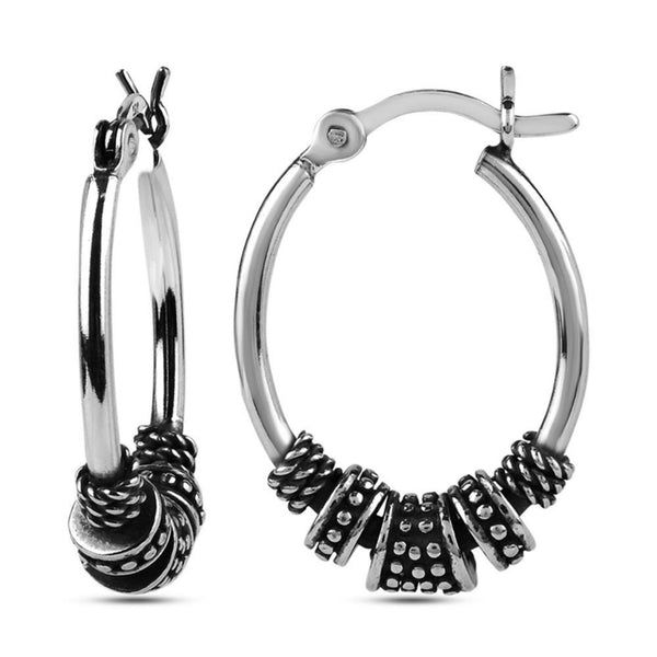 925 Sterling Silver Oxidized Tribal Hoop Earrings for Women