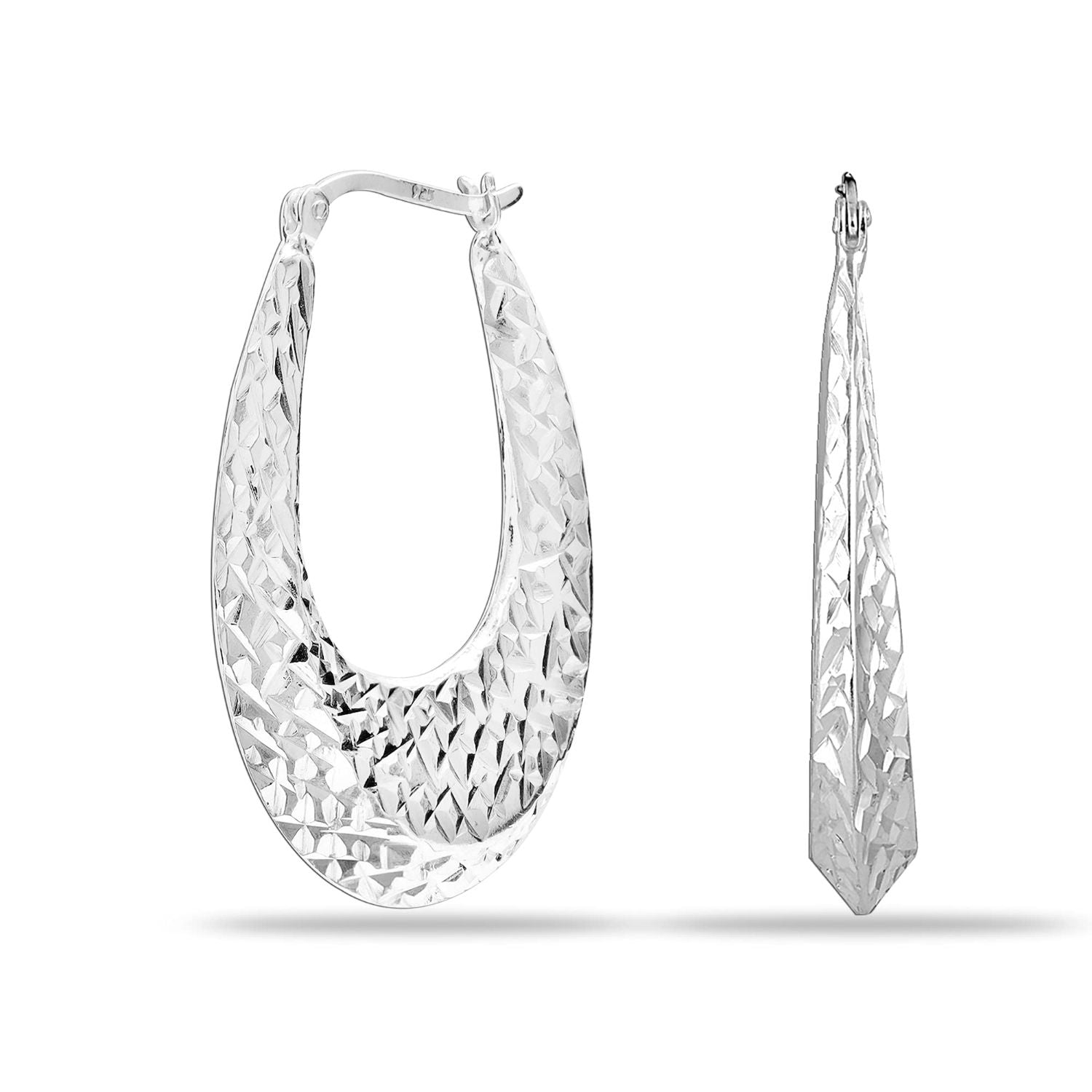 925 Sterling Silver Jewellery Diamond-Cut Light-Weight Oval Hoop Earrings for Women