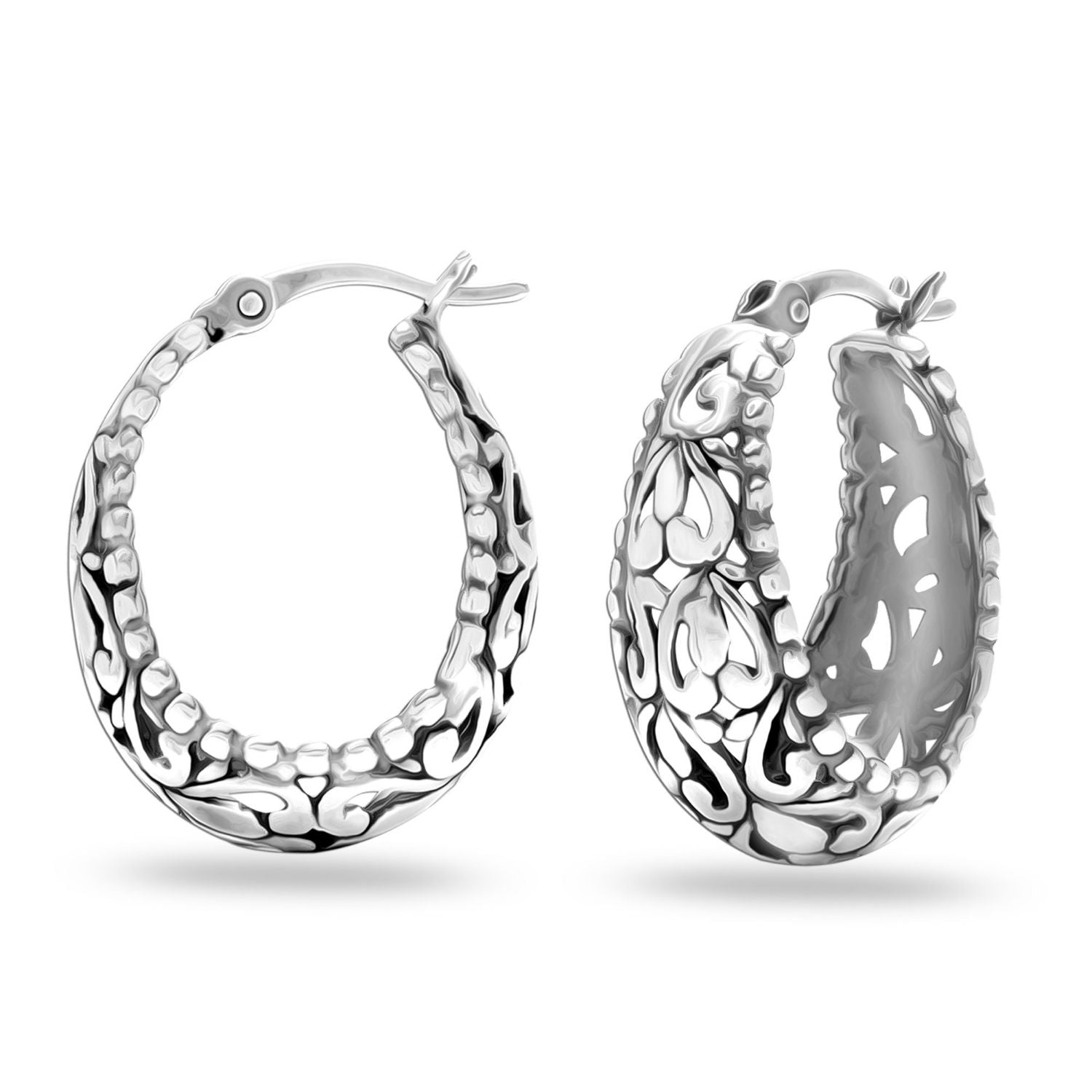 925 Sterling Silver Small Oval Filigree Light-Weight Hoop Earrings for Teen Women