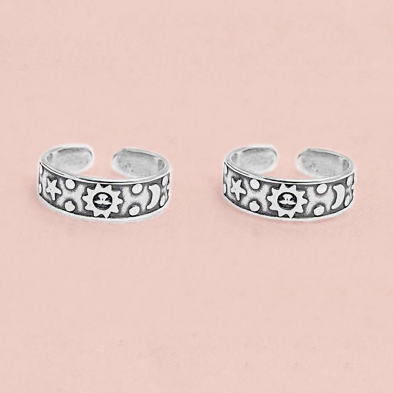 925 Sterling Silver Designer Oxidized Sun and Moon Band Toe Rings for Women