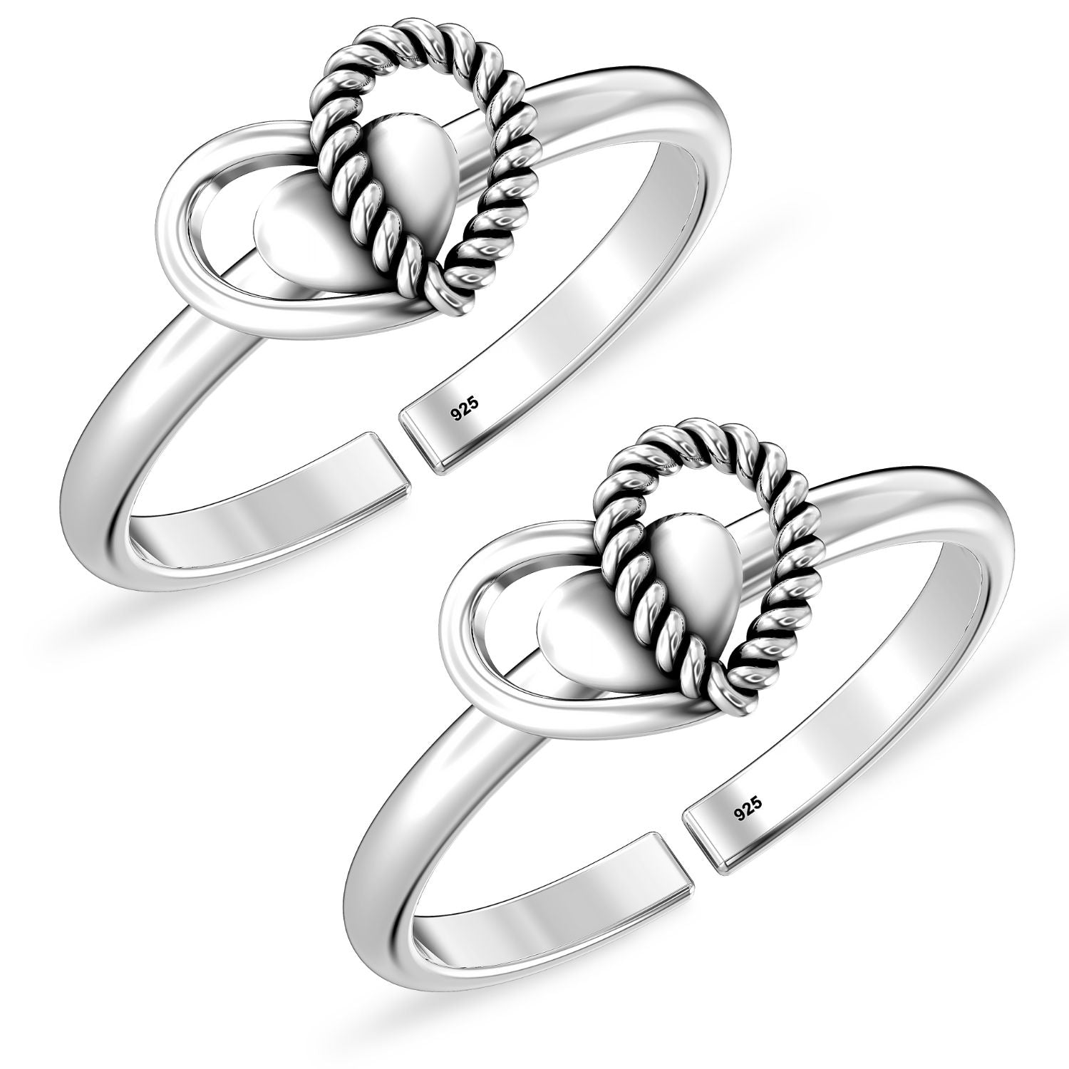 925 Sterling Silver Designer Oxidized Heart Toe Rings for Women