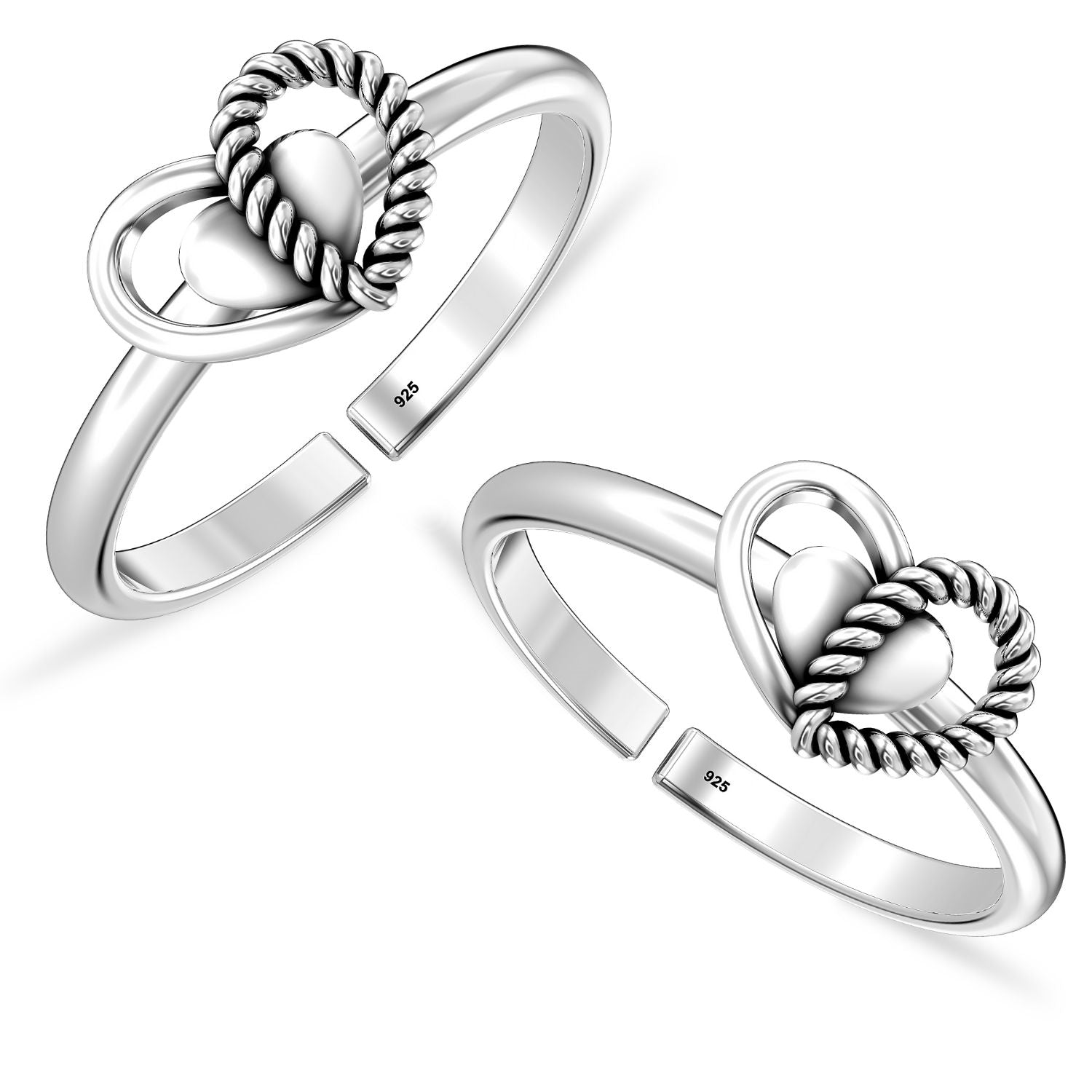 925 Sterling Silver Designer Oxidized Heart Toe Rings for Women