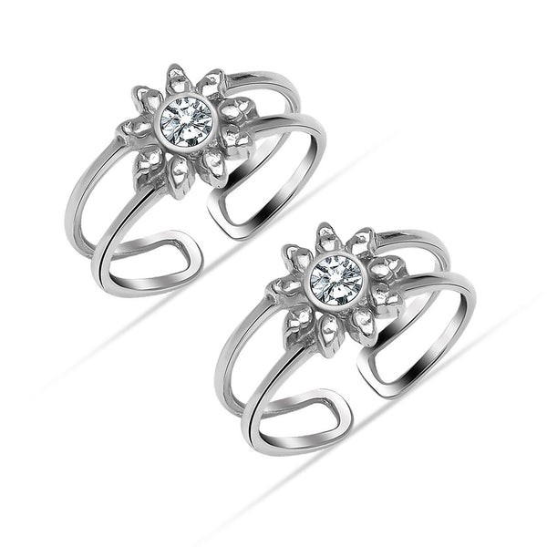 925 Sterling Silver Zircon Flower Design Toe Ring for Women