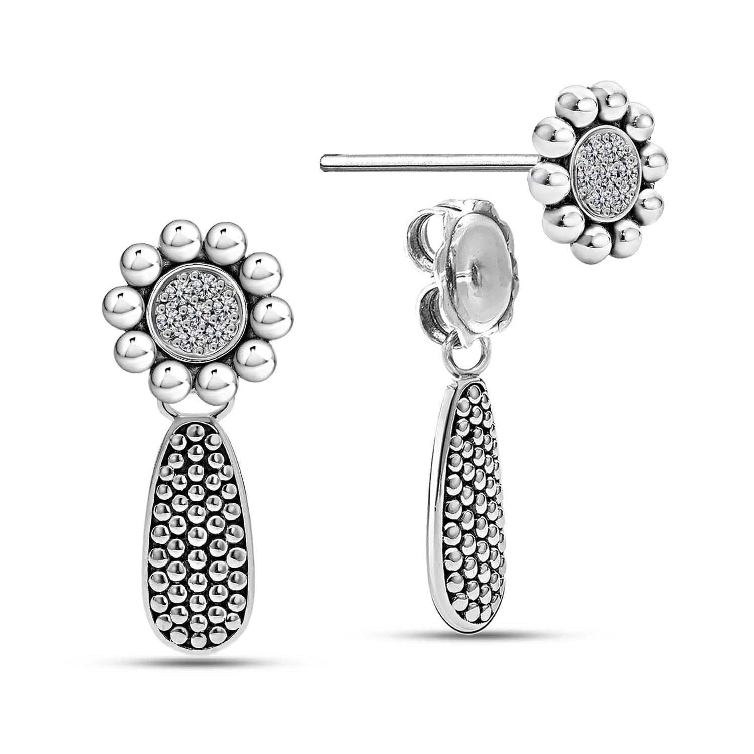 925 Sterling Silve Cubic Zirconia Antique Two-Tone Caviar Beaded Teardrop Drop Dangle Earrings for Women