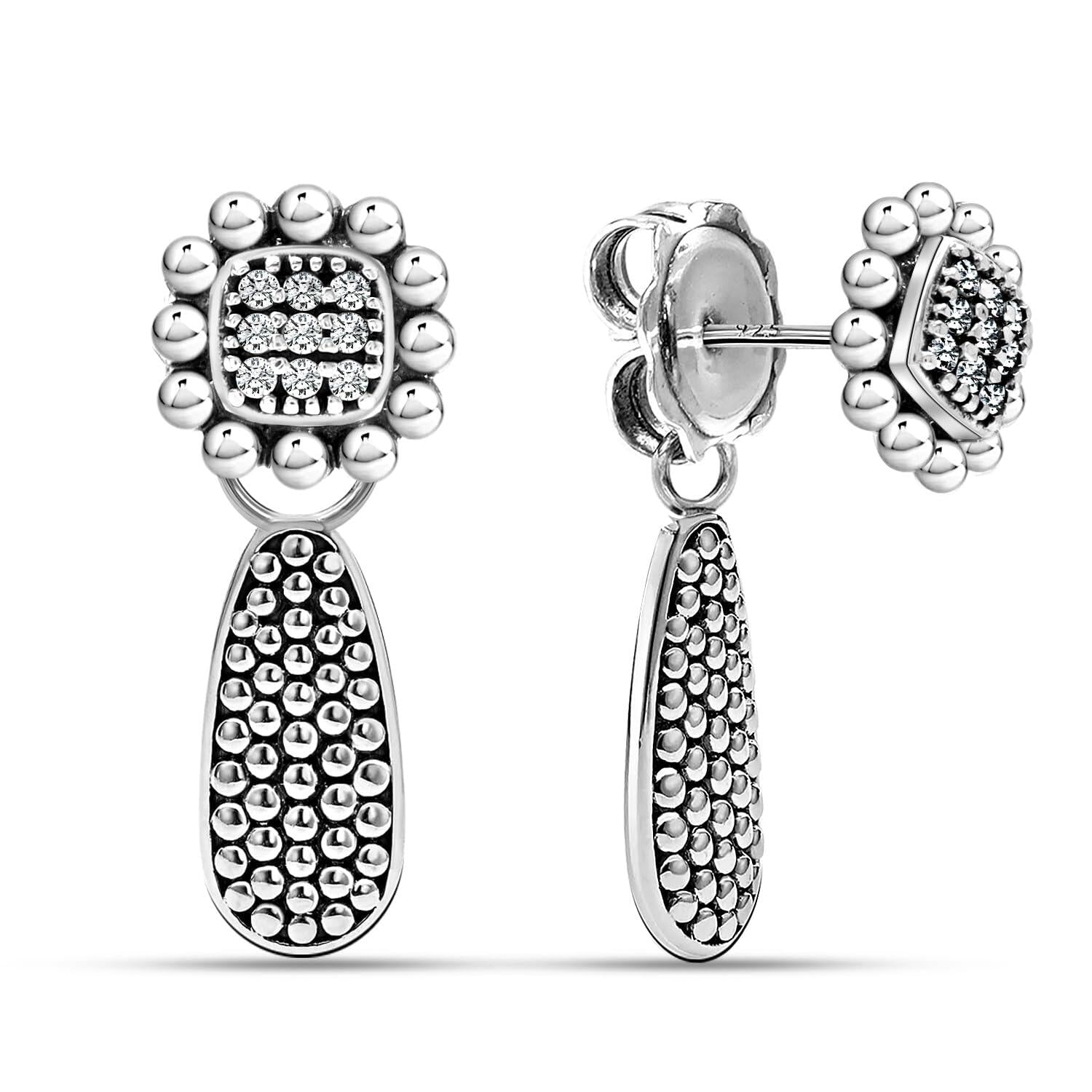 925 Sterling Silve Cubic Zirconia Antique Two-Tone Caviar Beaded Teardrop Drop Dangle Earrings for Women