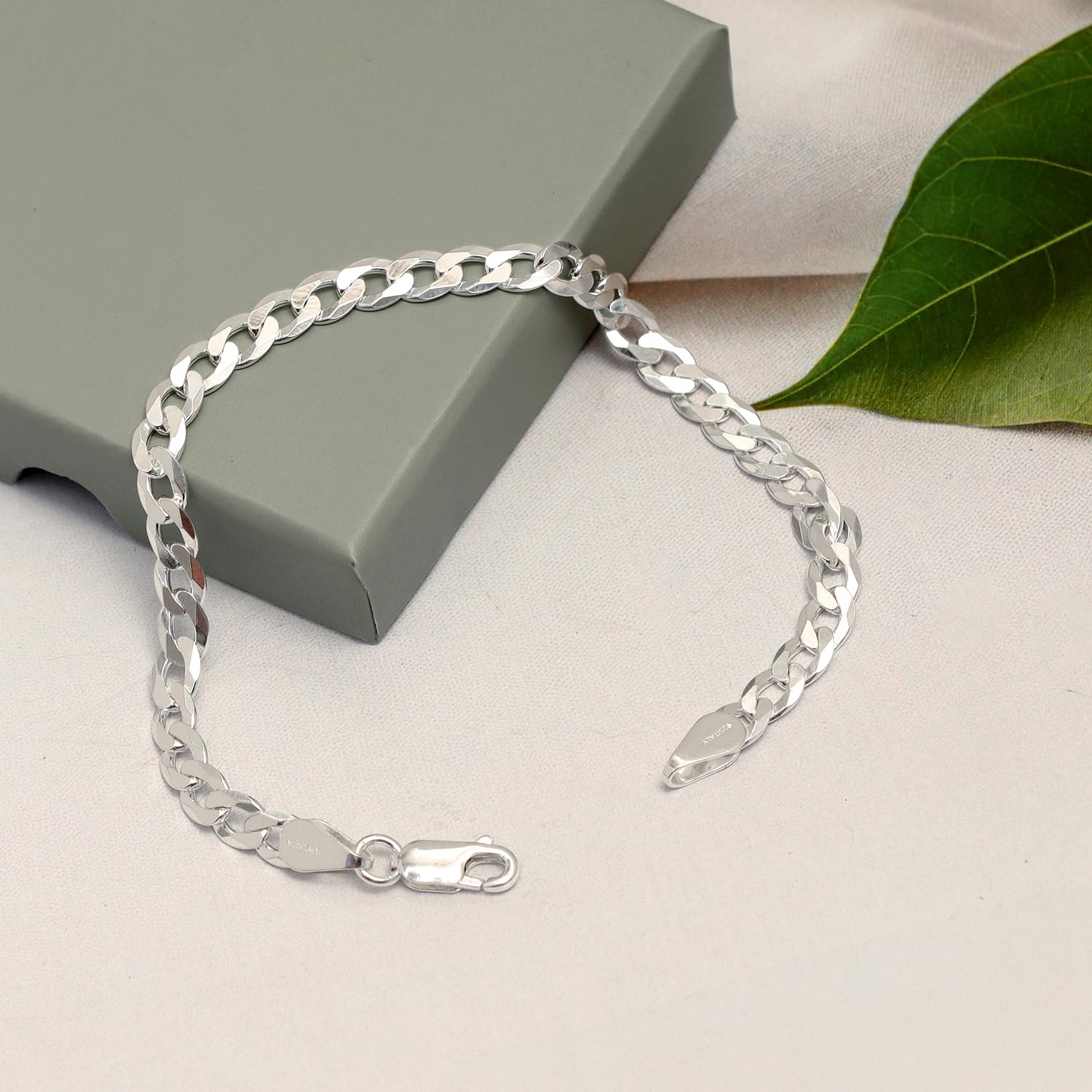 925 Sterling Silver Italian Diamond-Cut Cuban Link Chain Bracelet for Men