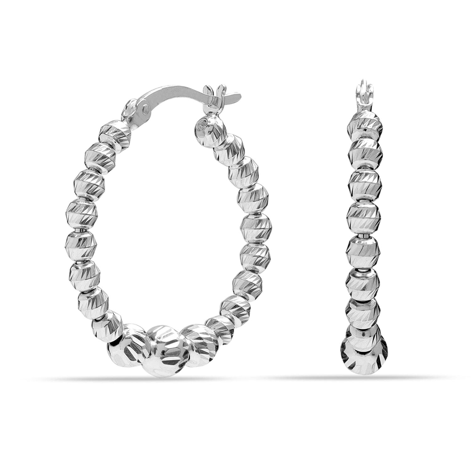 925 Sterling Silver Light-Weight Click-Top Bead Ball Diamond Cut Hoop Earrings for Women