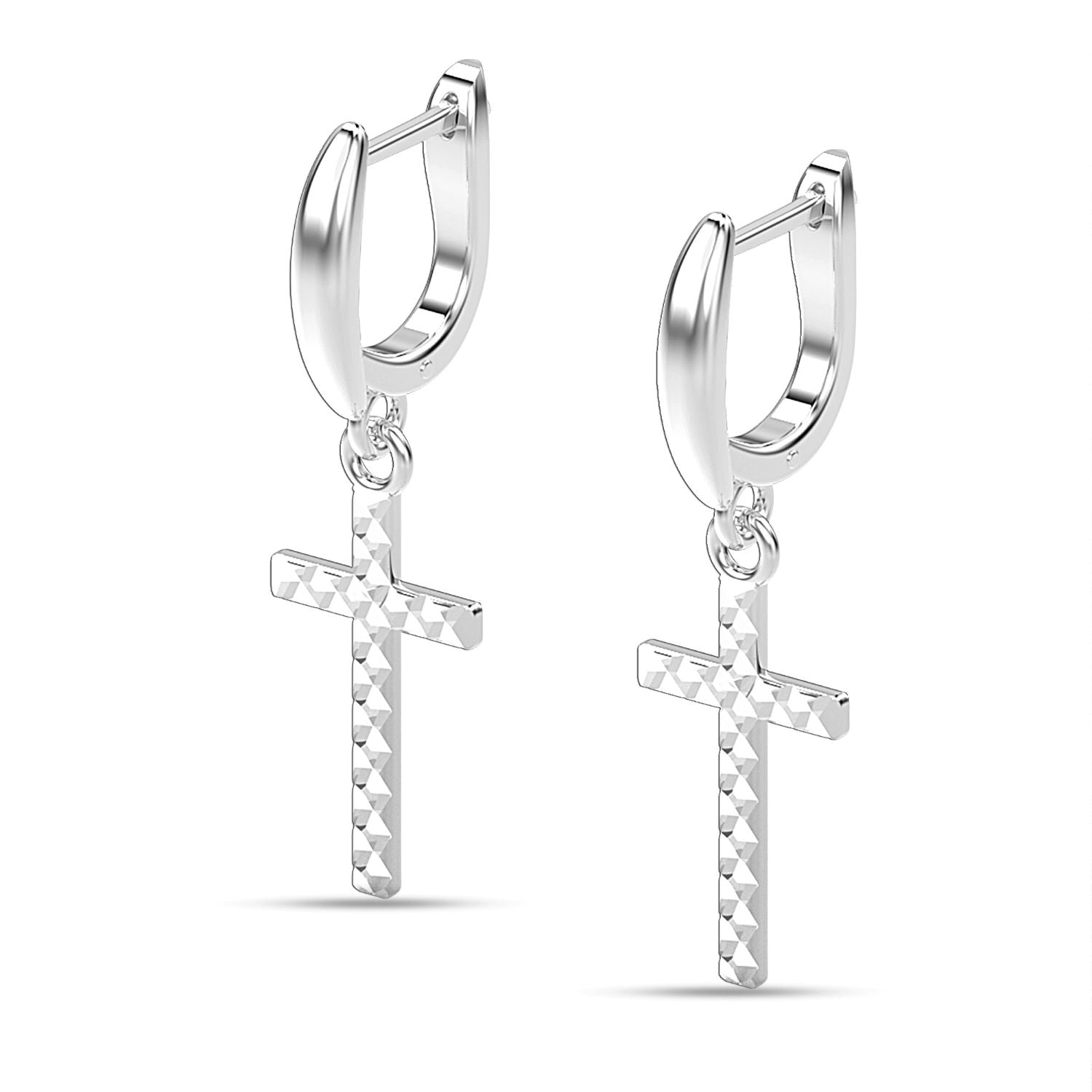 925 Sterling Silver Cross Tiny Huggie Diamond-Cut Religious Leverback Dangler Earrings for Women