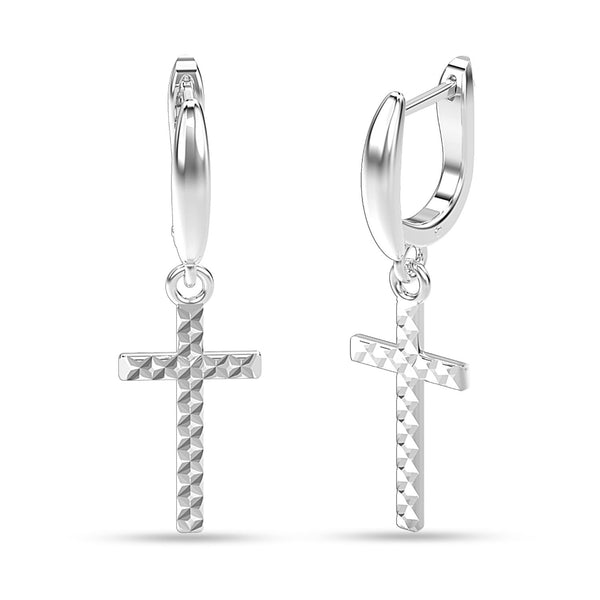 925 Sterling Silver Cross Tiny Huggie Diamond-Cut Religious Leverback Dangler Earrings for Women