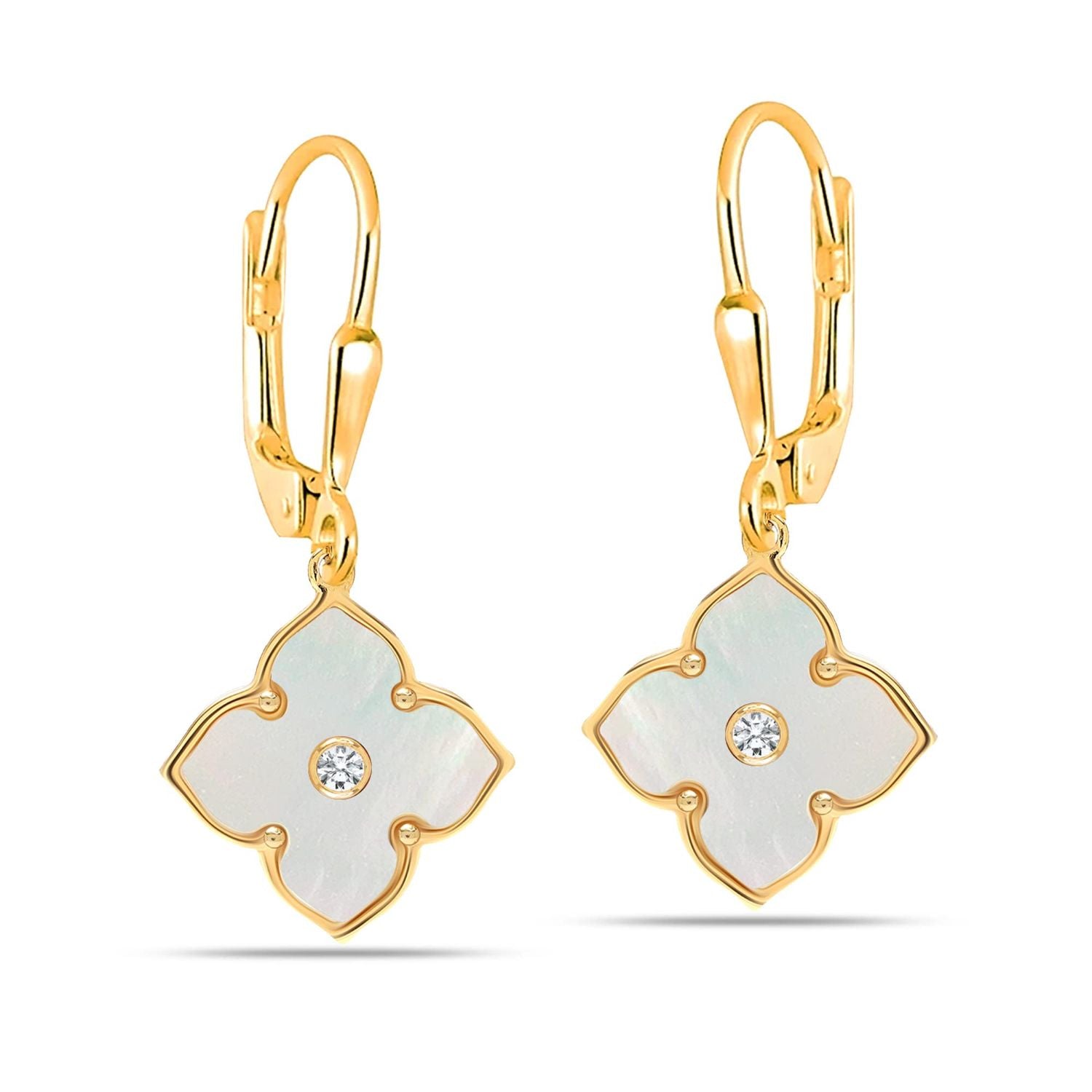 925 Sterling Silver 14K Gold-Plated Zirconia Mother of Pearl Clover Flower Leverback Drop Dangle Earrings for Women Teen