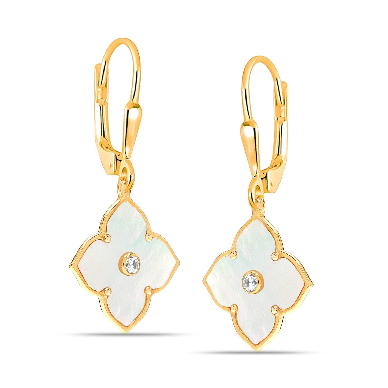 925 Sterling Silver 14K Gold-Plated Zirconia Mother of Pearl Clover Flower Leverback Drop Dangle Earrings for Women Teen