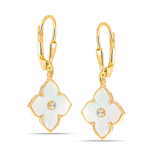 925 Sterling Silver 14K Gold-Plated Zirconia Mother of Pearl Clover Flower Leverback Drop Dangle Earrings for Women Teen