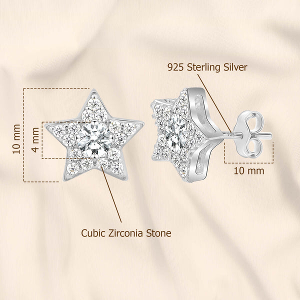 925 Sterling Silver Cubic Zirconia Star Stunning Shine Stud Earrings for Women