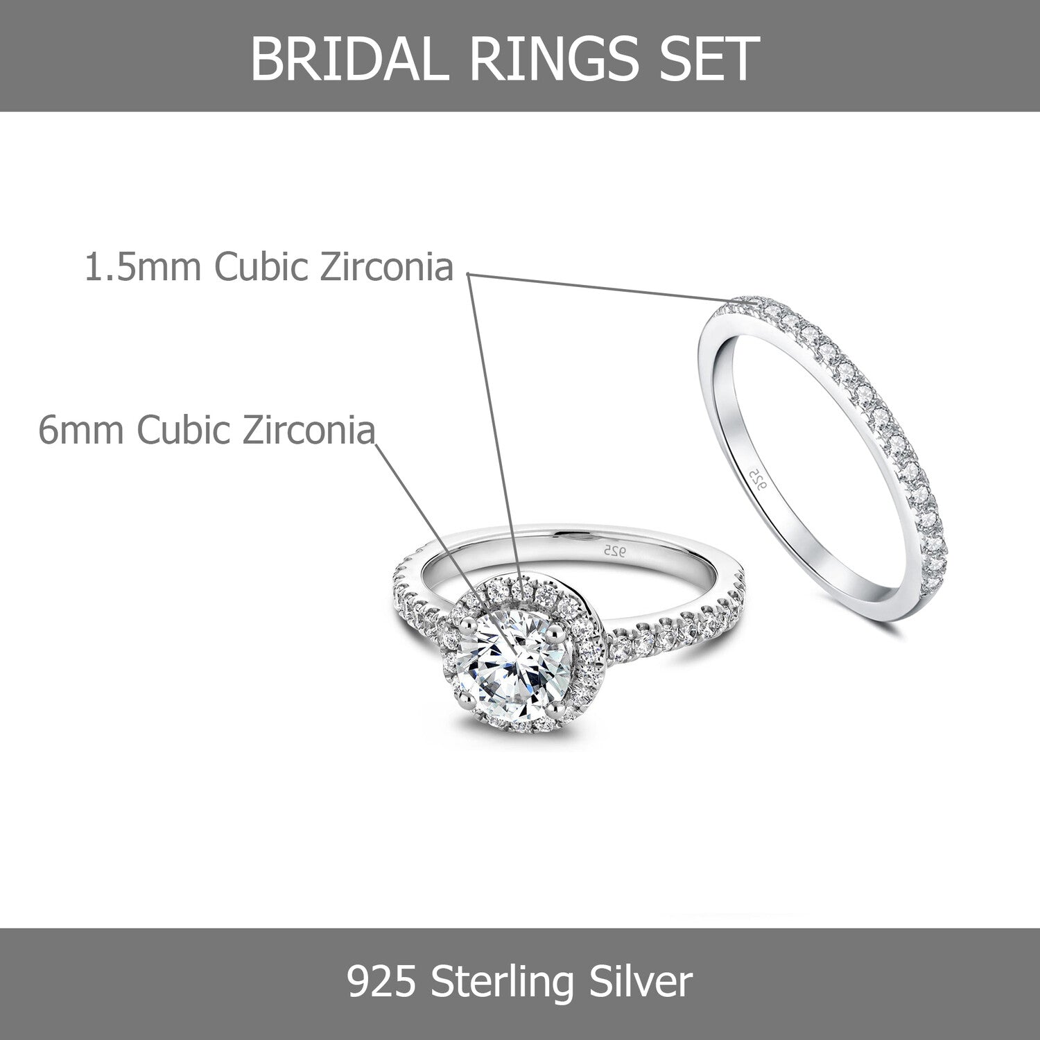 925 Sterling Silver Cubic Zirconia Rhodium-Plated Bridal Sets Engagements Wedding Bands Fringer Ring for Women