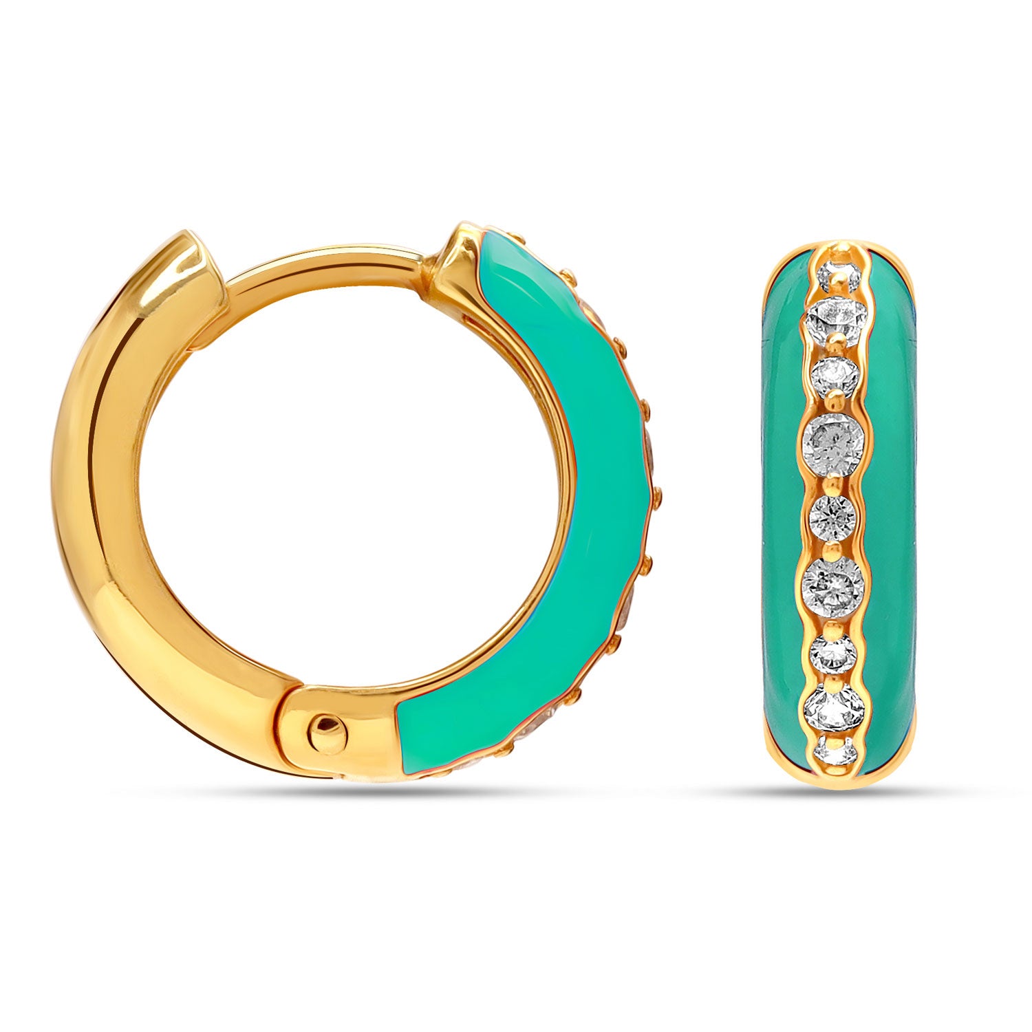 925 Sterling Silver 14K Gold Plated SMALL Zirconia Enamel Dual-Tone Huggie Hoops Earrings for Teens