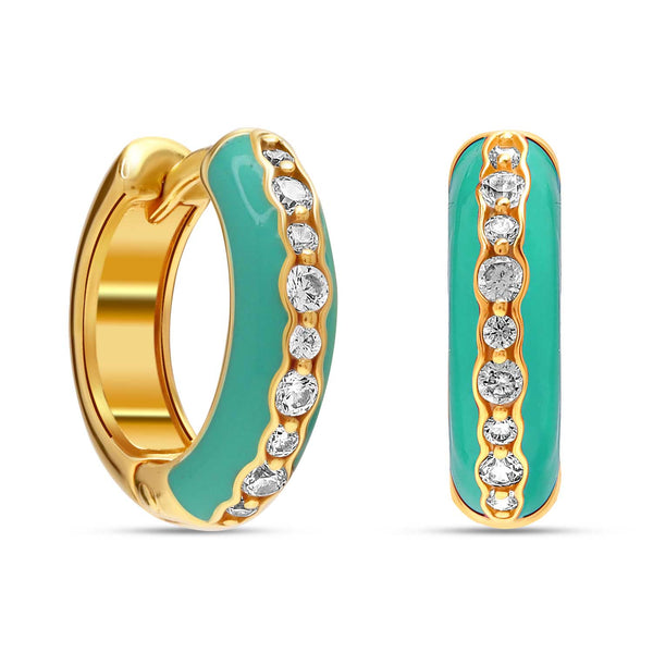 925 Sterling Silver 14K Gold Plated SMALL Zirconia Enamel Dual-Tone Huggie Hoops Earrings for Teens