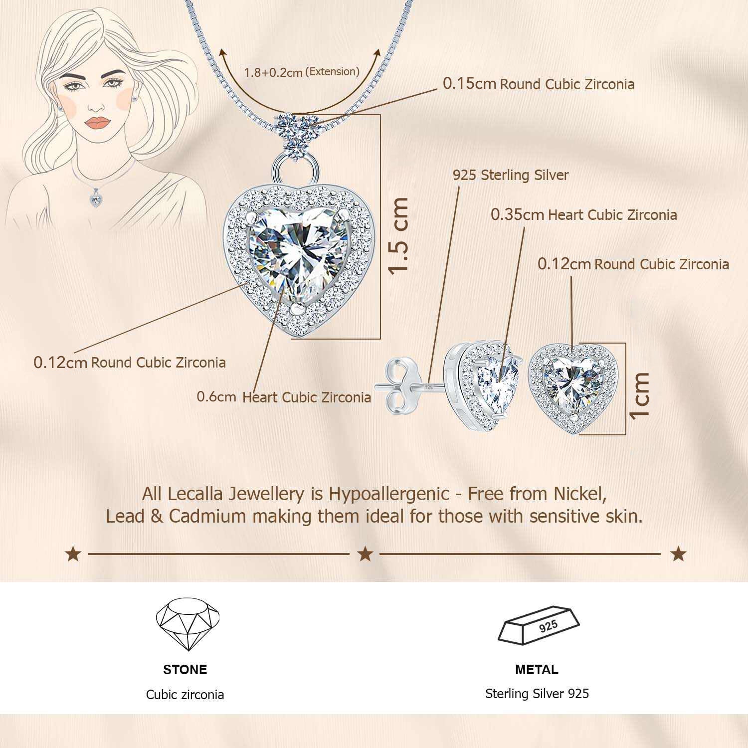 925 Sterling Silver CZ Jewelry Set Heart Shape Pendant Necklace and Stud Earrings for Women