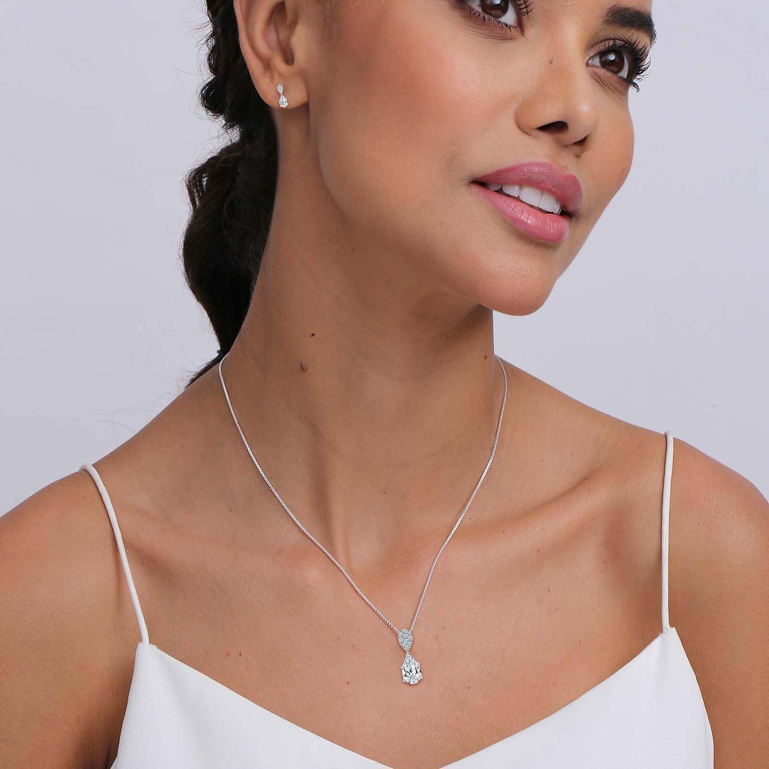 925 Sterling Silver Halo Cubic Zirconia Pear Shape Necklace Set for Women