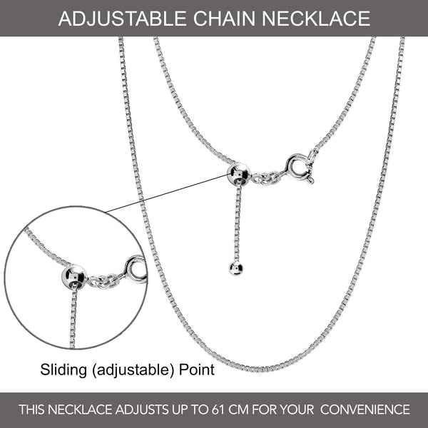 925 Sterling Silver Italian Adjustable Box Chain Necklace for Women 61 CM