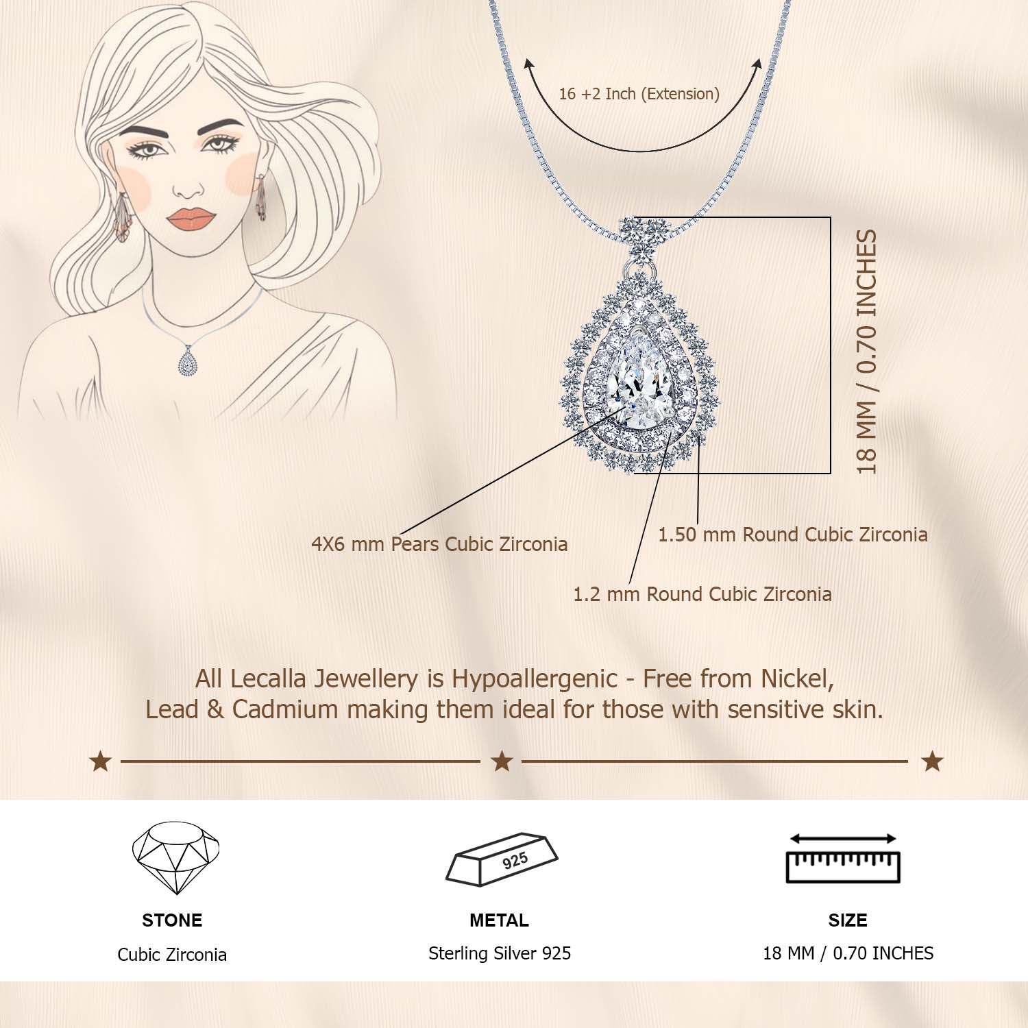 925 Sterling Silver Cubic Zirconia Diamond like Brilliance Sparkling Pear Shape Pendant Necklace for Women