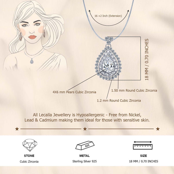 925 Sterling Silver Cubic Zirconia Diamond like Brilliance Sparkling Pear Shape Pendant Necklace for Women