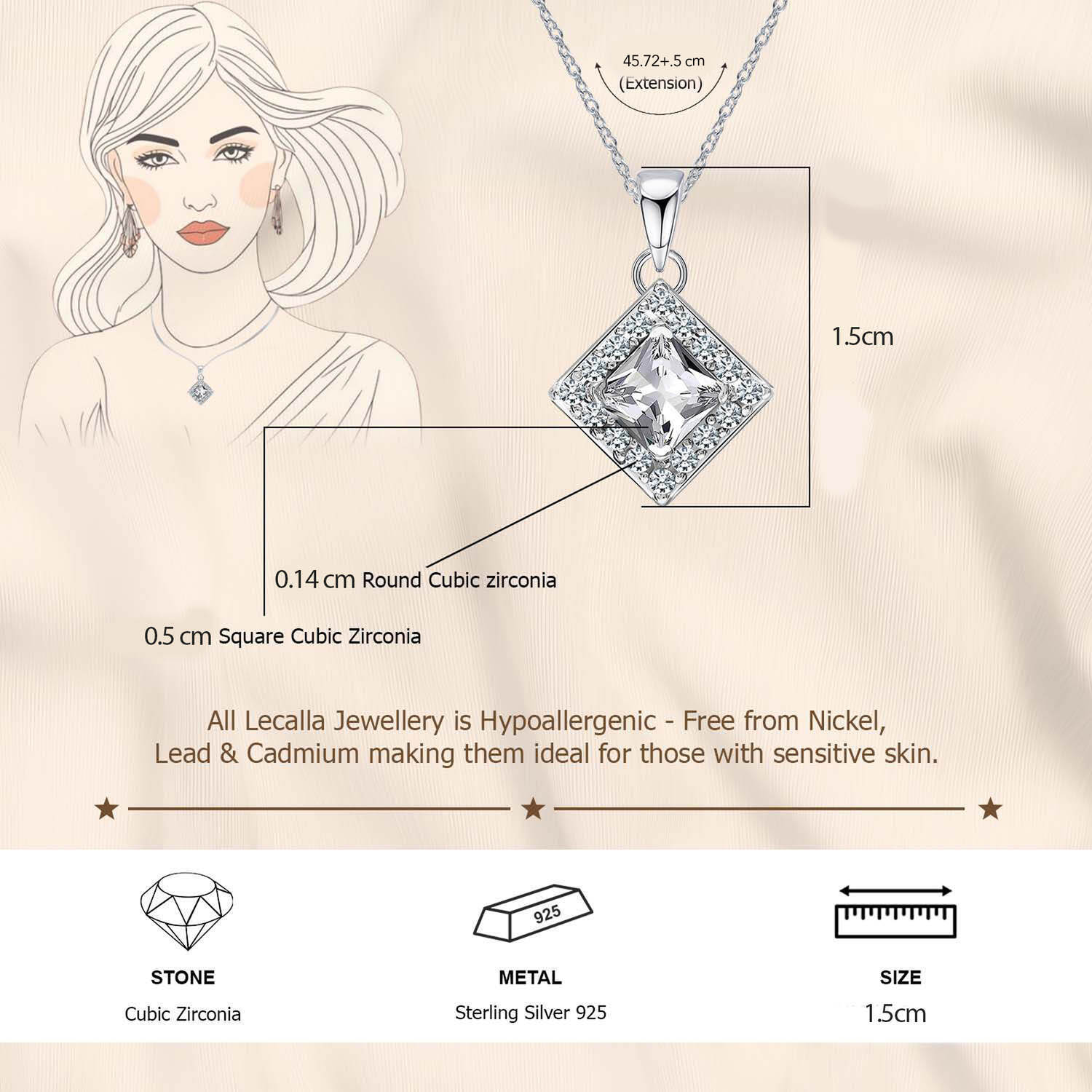 925 Sterling Silver Halo Cubic Zirconia Diamond like Brilliance Sparkling Square Shape Pendant Necklace for Women