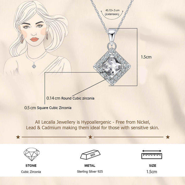 925 Sterling Silver Halo Cubic Zirconia Diamond like Brilliance Sparkling Square Shape Pendant Necklace for Women