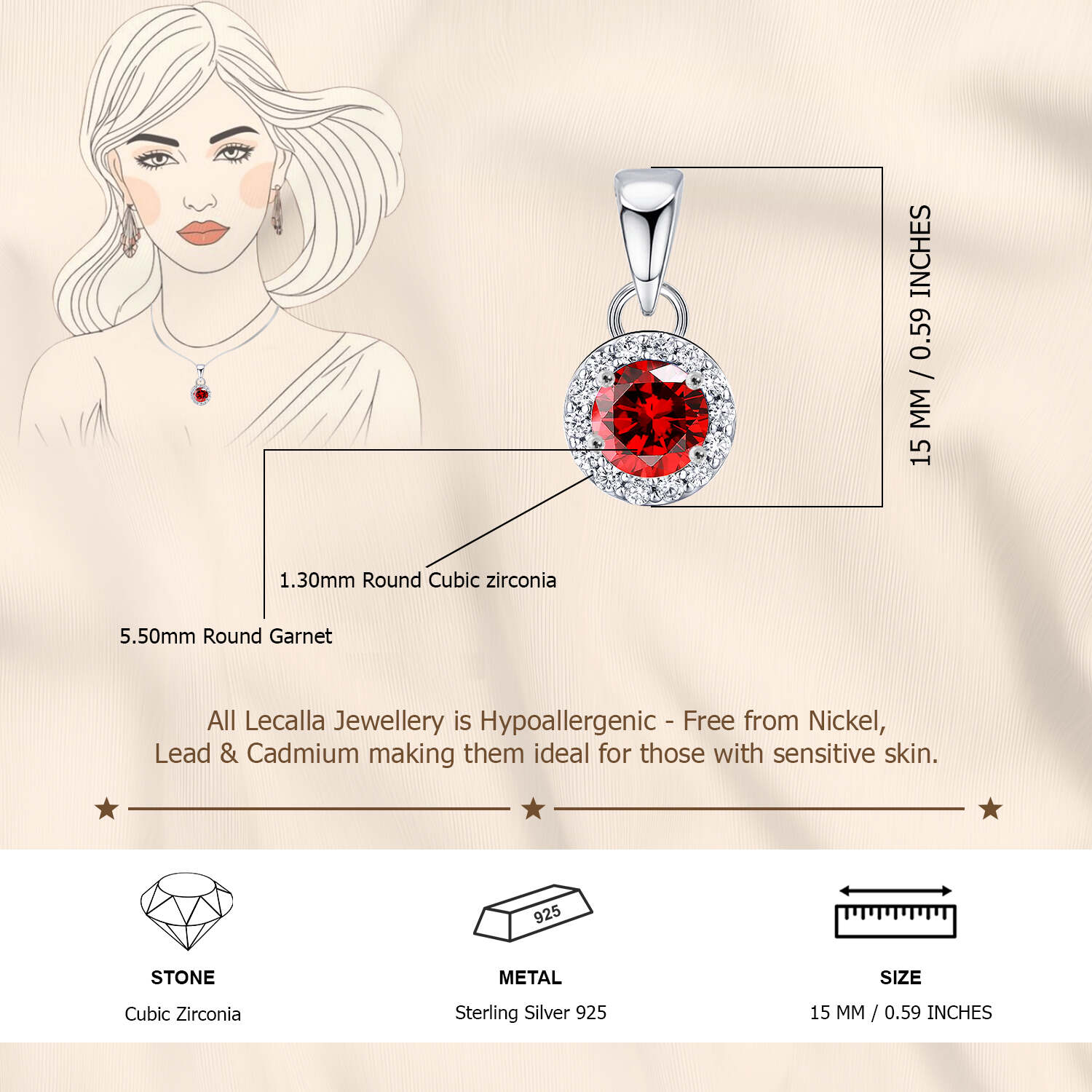 925 Sterling Silver Halo Cubic Zirconia Diamond like Brilliance Sparkling Red Garnet Pendant Necklace for Women