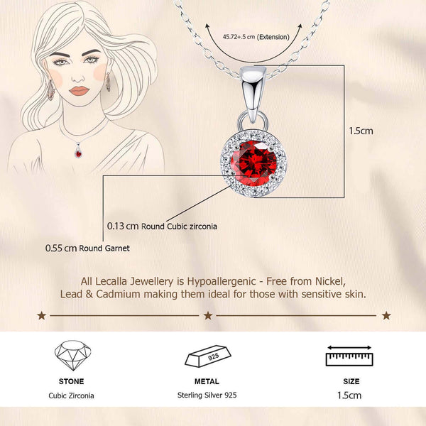 925 Sterling Silver Halo Cubic Zirconia Diamond like Brilliance Sparkling Red Garnet Pendant Necklace for Women