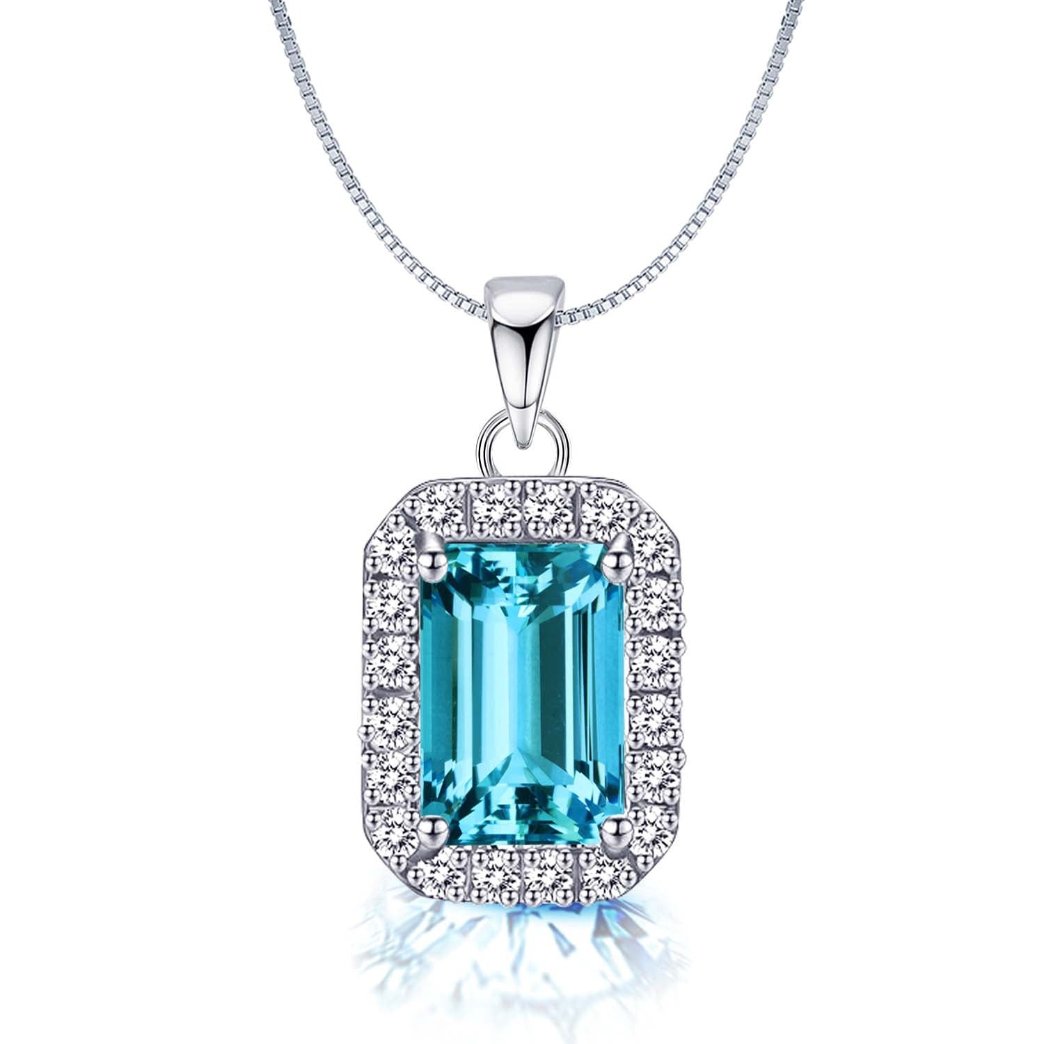 925 Sterling Silver Halo Cubic Zirconia Aquamarine Diamond like Brilliance Sparkling Pendant Necklace for Women