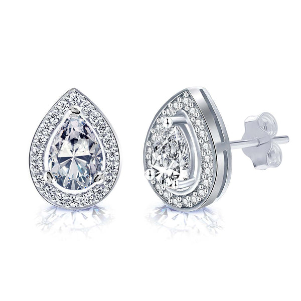 925 Sterling Silver Halo CZ Diamond like Brilliance Sparkling Teardrop Stud Earrings for Women