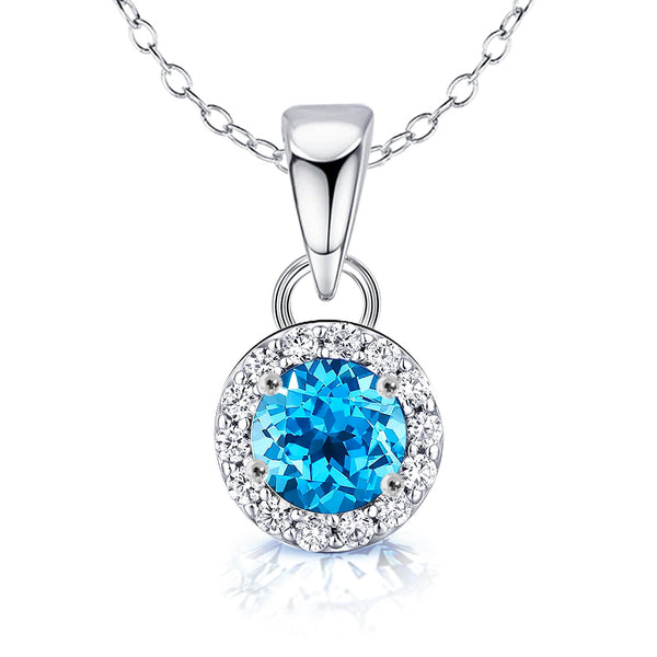 925 Sterling Silver Halo Cubic Zirconia Diamond like Brilliance Sparkling Blue Topaz Pendant Necklace for Women