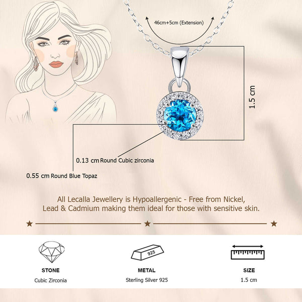 925 Sterling Silver Halo Cubic Zirconia Diamond like Brilliance Sparkling Blue Topaz Pendant Necklace for Women