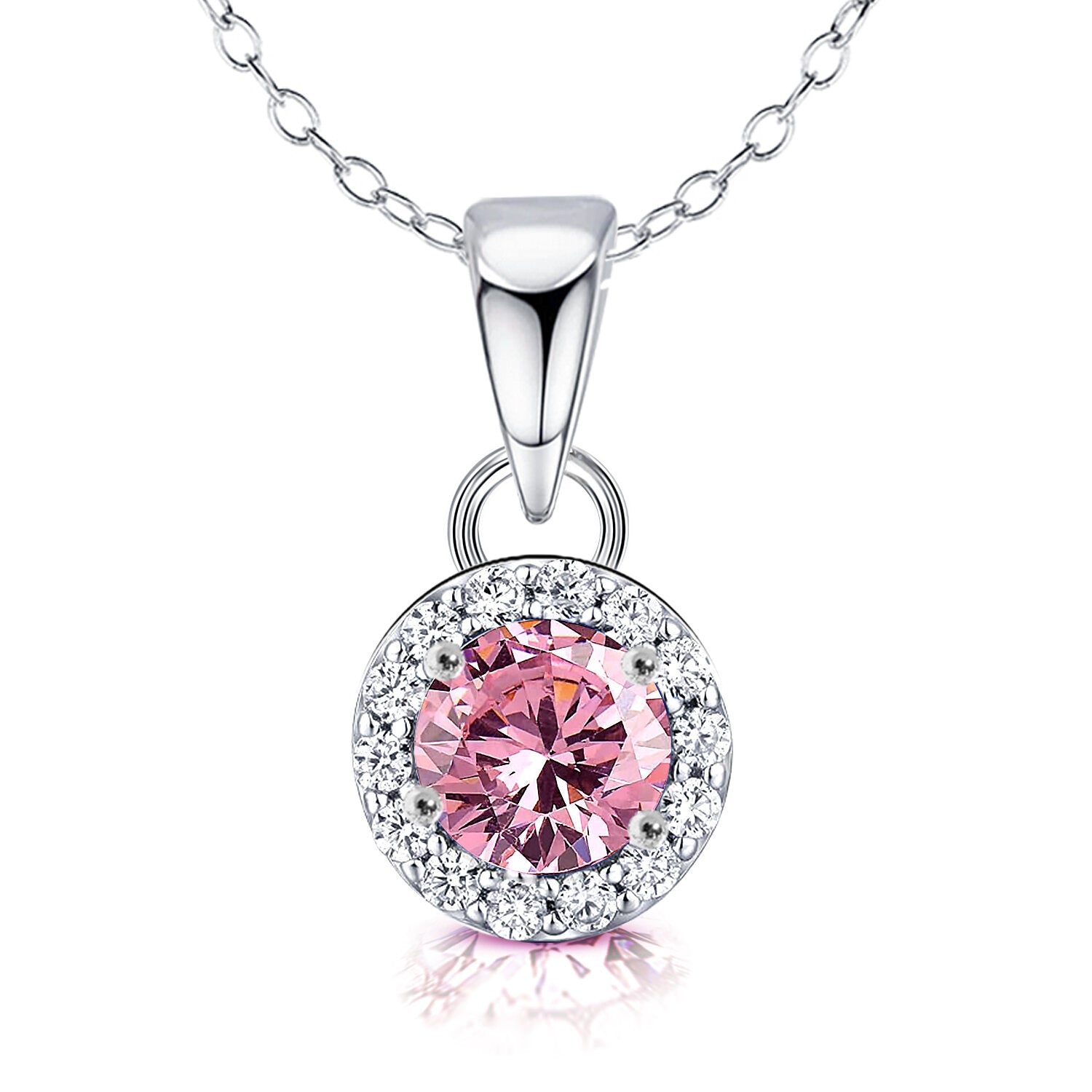 925 Sterling Silver Halo Pink Cubic Zirconia Diamond like Brilliance Sparkling Pendant Necklace for Women