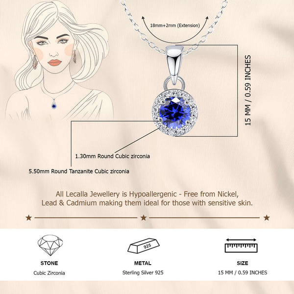 925 Sterling Silver Halo Cubic Zirconia Tanzanite Diamond like Brilliance Sparkling Pendant Necklace for Women