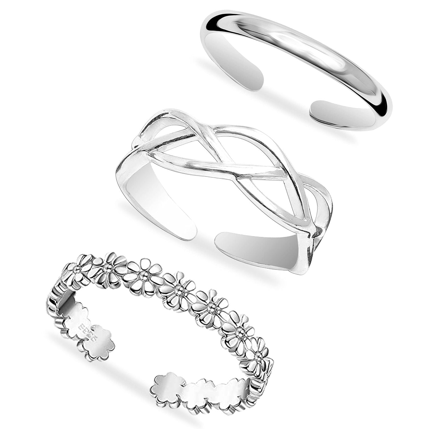 925 Sterling Silver Set of 3 Pcs Hypoallergenic Plain Cutwork Hawaiian Leaf Open Adjustable Band Toe Rings for Women