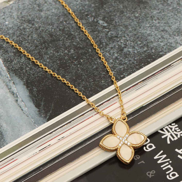 925 Sterling Silver 18K Gold-Plated Mother of Pearl Four Leaf Cubic-Zirconia Pendant Necklace for Women Teen