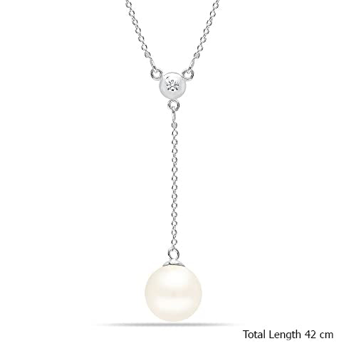 925 Sterling Silver 18K White Gold-Plated 1 CM Pearl Necklace, Hypoallergenic Pearl Y-Necklace for Women