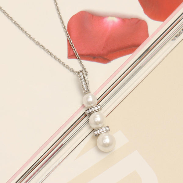 925 Sterling Silver Hanging Pearl with CZ Bar Necklace for Women and Girls