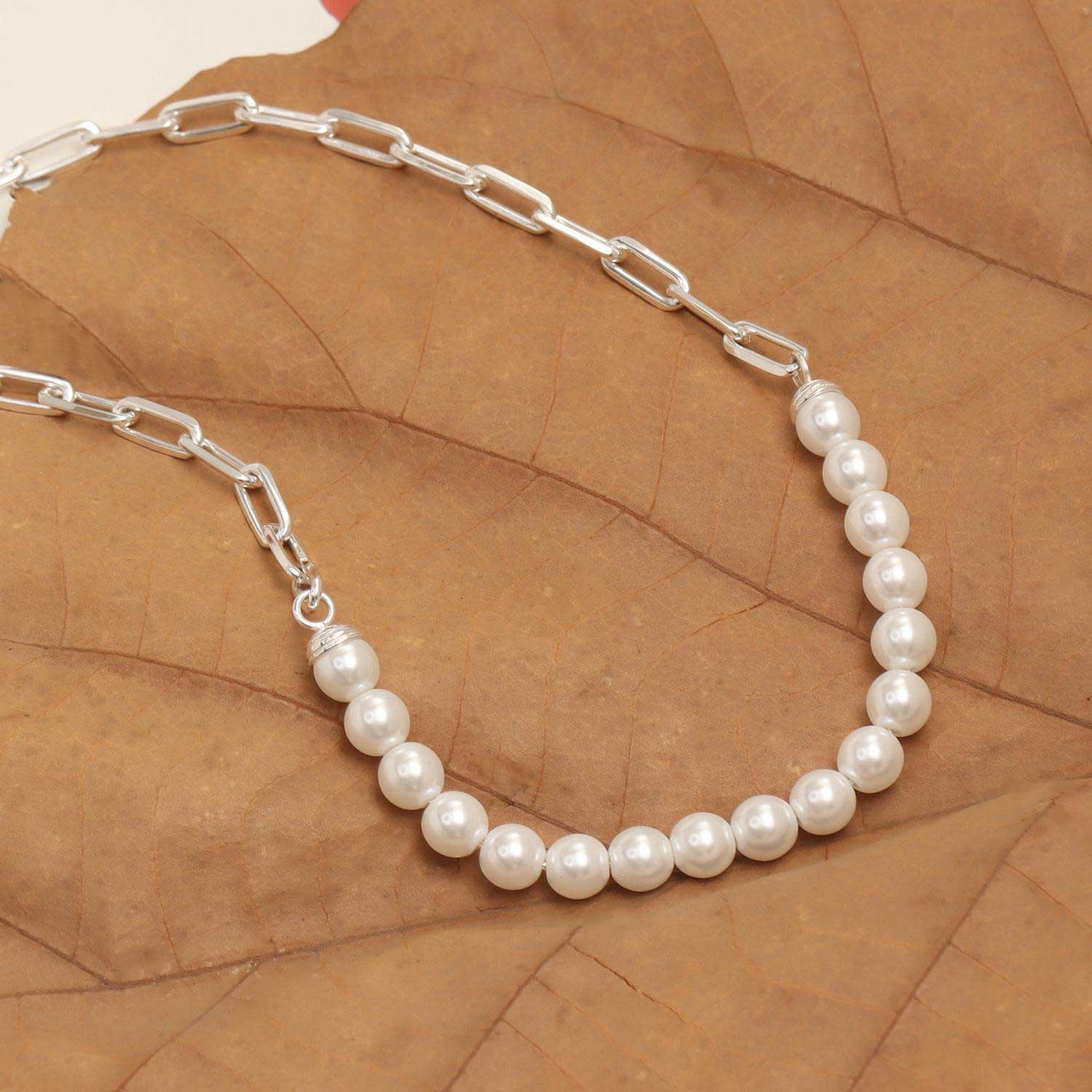 925 Sterling Silver Paperclip Link Pearl Necklace for Women and Girls