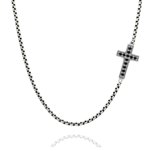 925 Sterling Silver CZ Antique Sideways Cross Pave Religious Venetian Pendant Necklace for Men