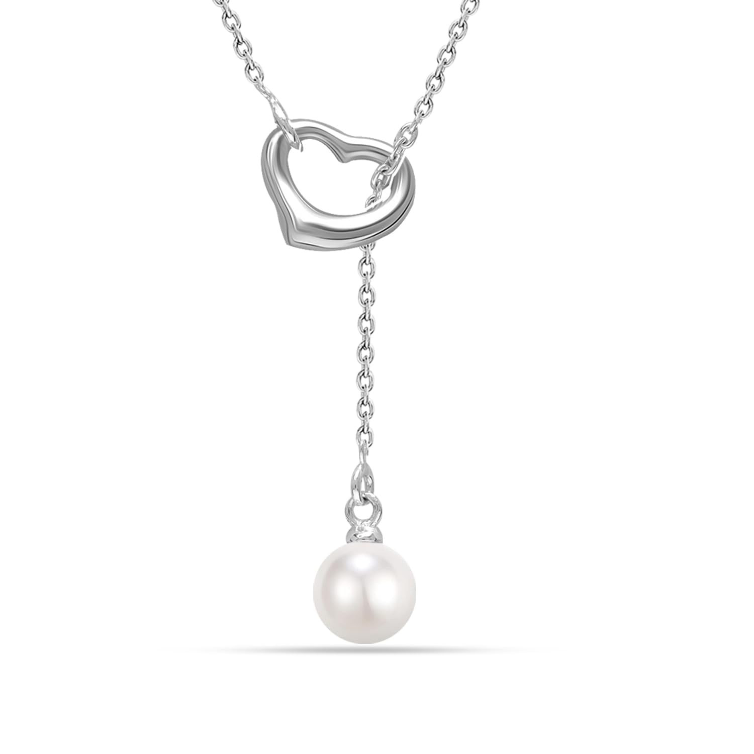 925 Sterling Silver Lariat Freshwater Pearl Open Heart Shape Pendant Necklace for Women Teen and Girls