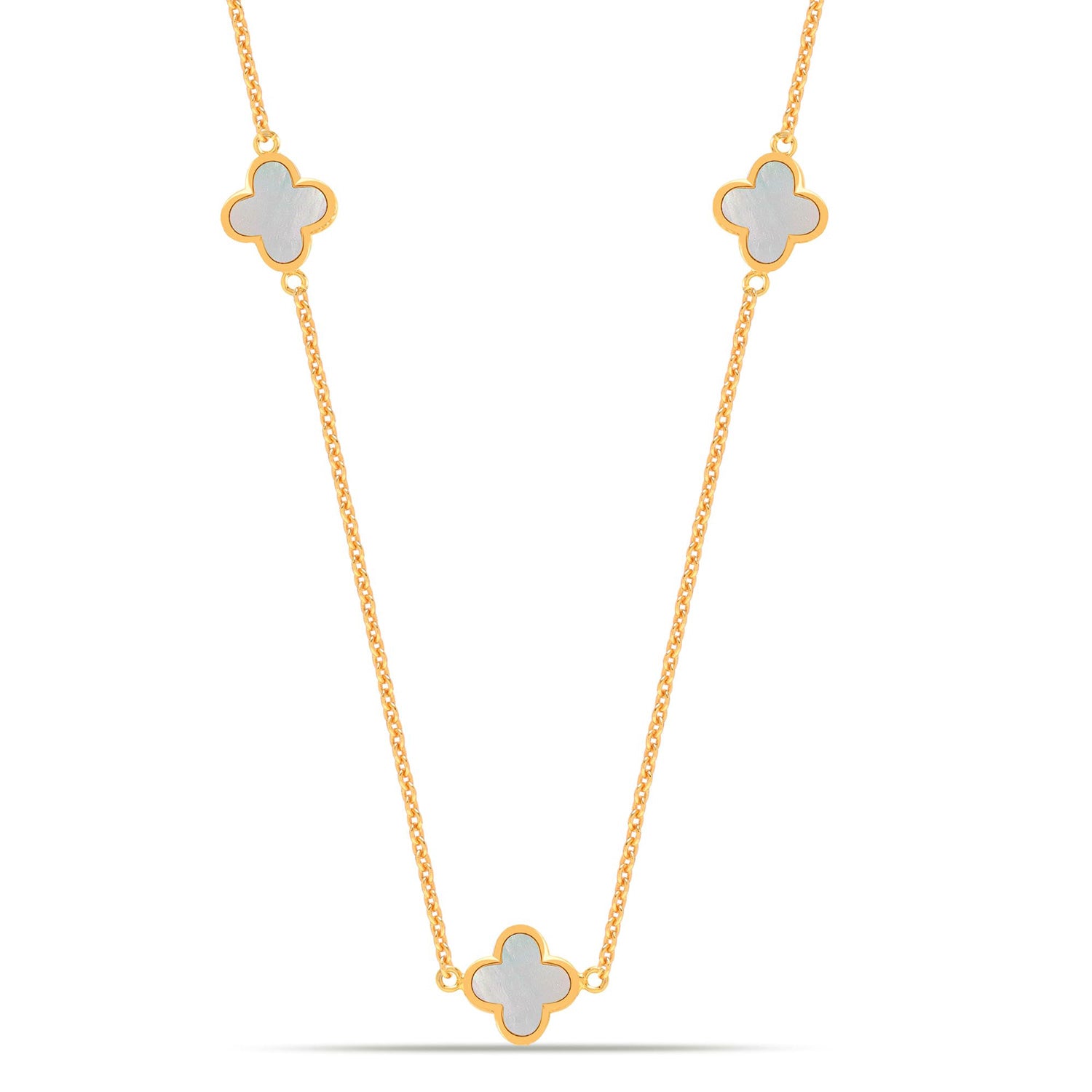 925 Sterling Silver 14K Gold Plated Mother of Pearl Clover Flower Station Necklace for Women