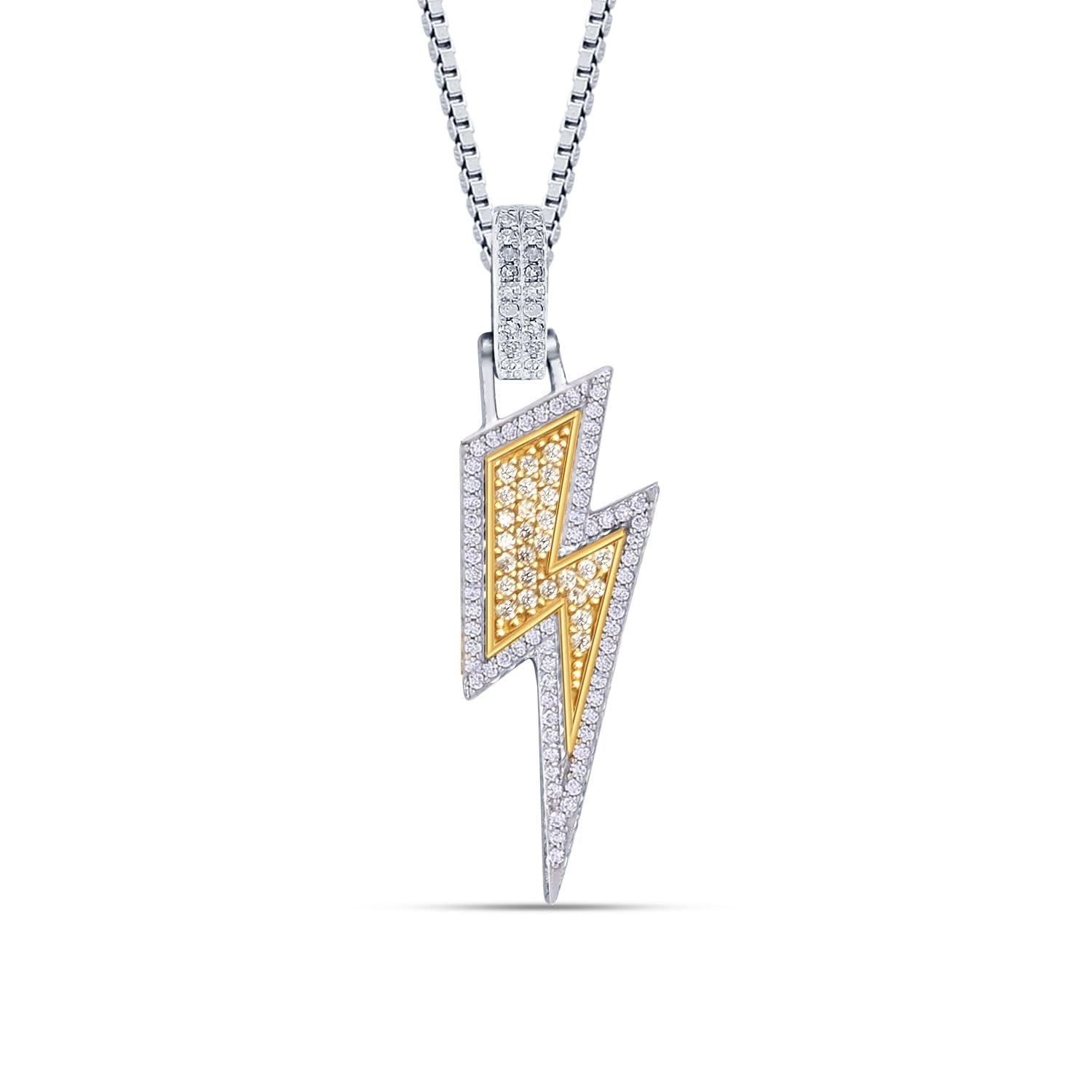 925 Sterling Silver 14K Gold-Plated Iced Flash Thunder Pendant Necklace for Men