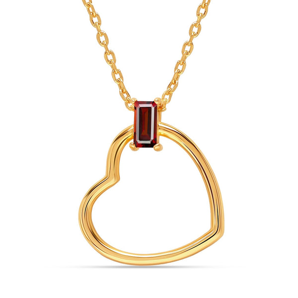 925 Sterling Silver 14K Gold Plated Red Garnet Gemstone Open Heart Chain Pendant Necklace for Women