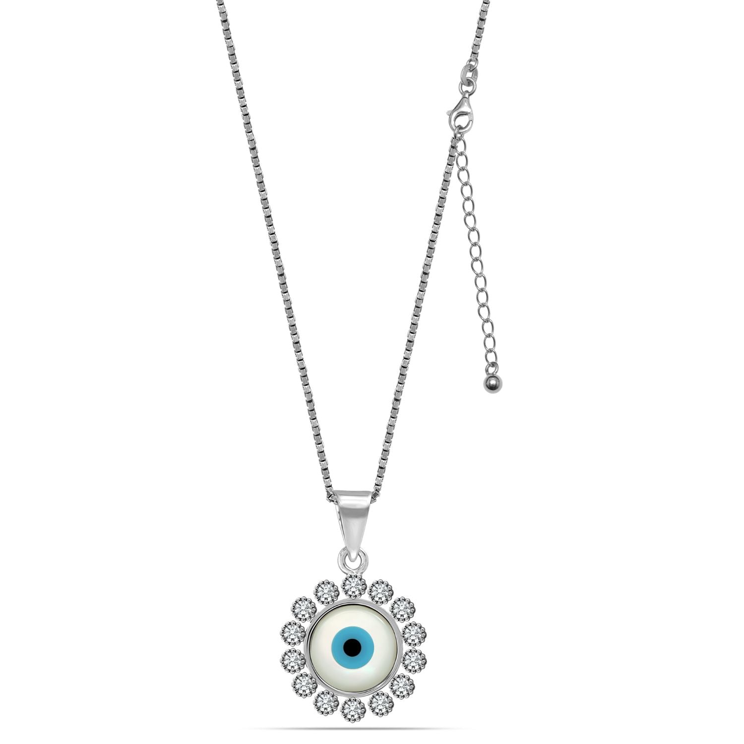 925 Sterling Silver CZ Round Turkish Evil Eye Pendant Box Chain Necklace for Women Teen