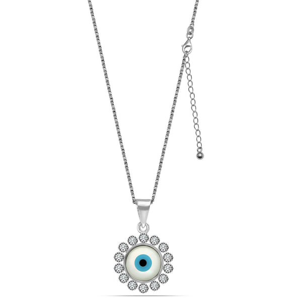 925 Sterling Silver CZ Round Turkish Evil Eye Pendant Box Chain Necklace for Women Teen