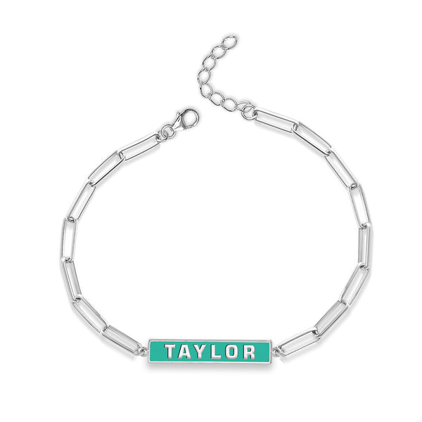 Personalised 925 Sterling Silver ID Engraved Enamel Bar Paperclip Chain Bracelet for Women